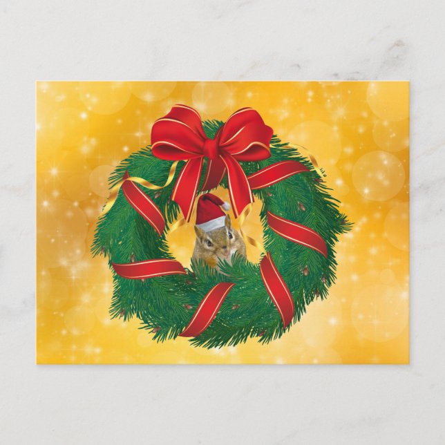 Cute Chipmunk Christmas Wreath Holiday Postcard (Front)