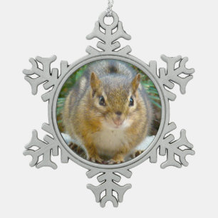 Cute Chipmunk Has His Eye On You Snowflake Pewter Christmas Ornament