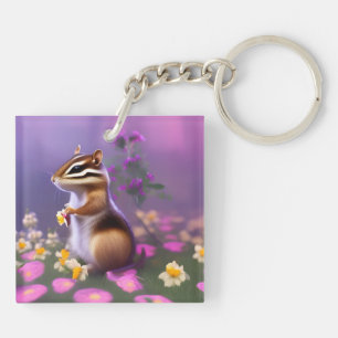 Cute Chipmunk in Flowers  Key Ring