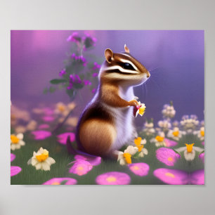 Cute Chipmunk in Flowers  Poster