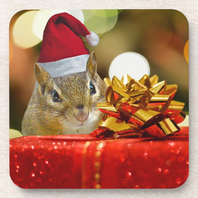 Cute Chipmunk Merry Christmas Coaster (Front)