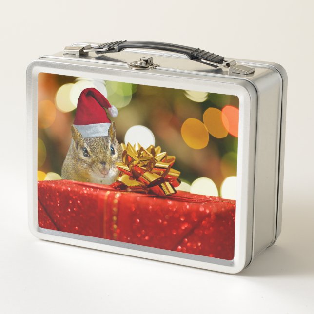 Cute Chipmunk Merry Christmas Metal Lunch Box (Front)