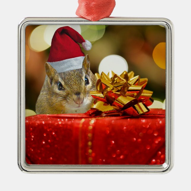 Cute Chipmunk Merry Christmas Metal Tree Decoration (Front)