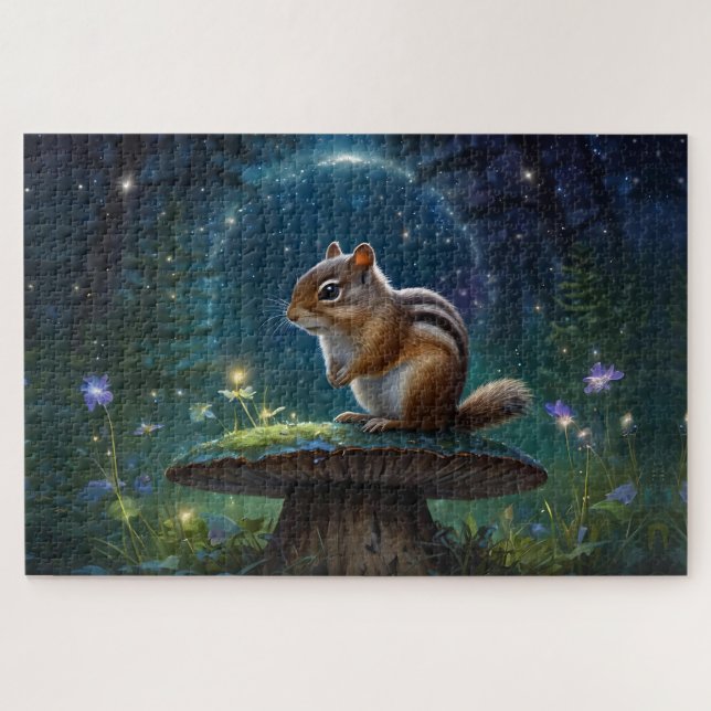 Cute Chipmunk on Mushroom in Magical Garden Jigsaw Puzzle (Horizontal)