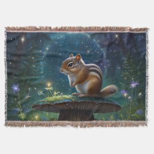 Cute Chipmunk on Mushroom in Moonlight Throw Blanket
