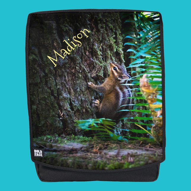 Cute Chipmunk Photo Mossy Tree, Green Forest Ferns Backpack (Creator Uploaded)