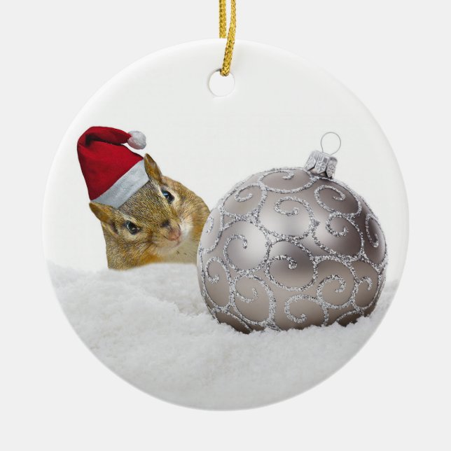 Cute Chipmunk Silver and Snow Christmas Holiday Ceramic Tree Decoration (Front)
