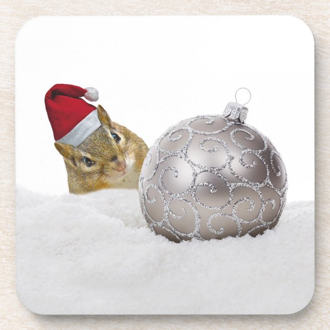 Cute Chipmunk Silver and Snow Christmas Holiday Coaster (Front)