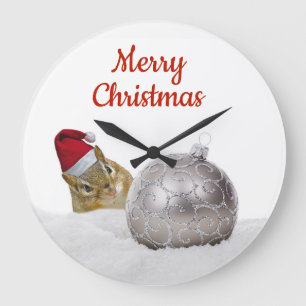 Cute Chipmunk Silver and Snow Christmas Holiday Large Clock