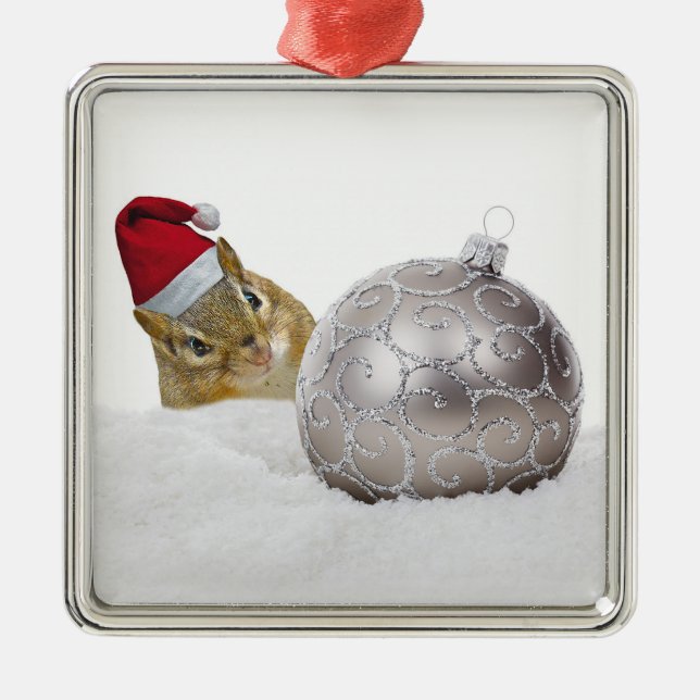 Cute Chipmunk Silver and Snow Christmas Holiday Metal Tree Decoration (Front)