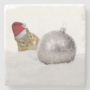 Cute Chipmunk Silver and Snow Christmas Holiday Stone Coaster