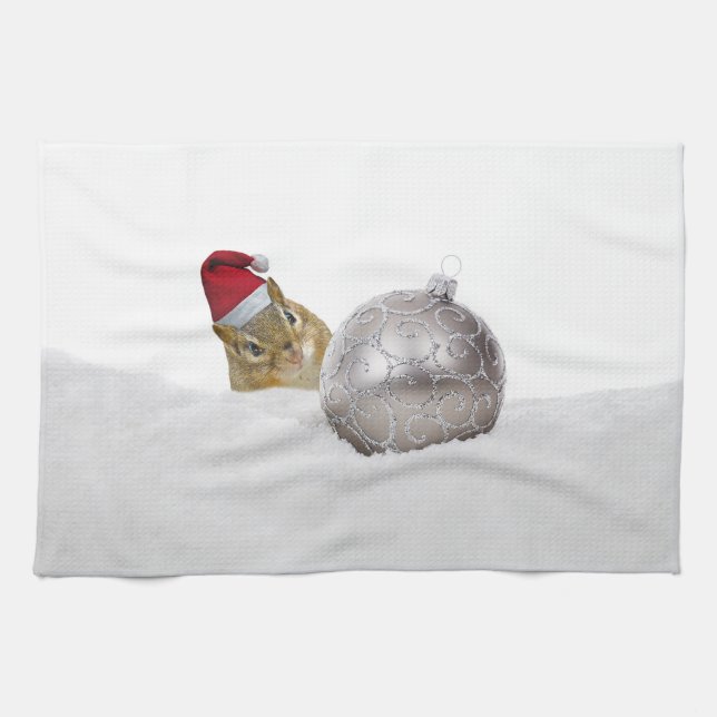 Cute Chipmunk Silver and Snow Christmas Holiday Tea Towel (Horizontal)