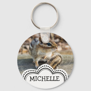 Cute Chipmunk Sitting on Wooden Rail in Forest Key Ring
