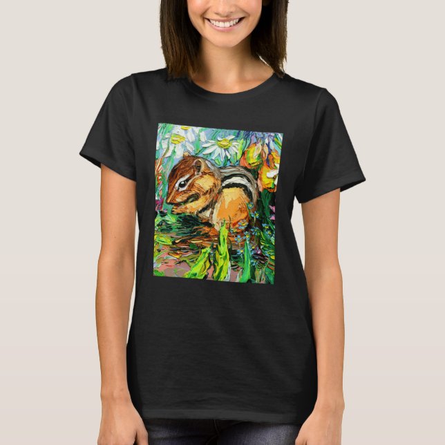 Cute Chipmunk Spring Flowers Animal Impressionist  T-Shirt (Front)