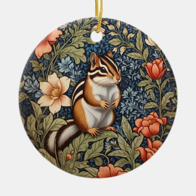 Cute Chipmunk William Morris Inspired Floral Ceramic Tree Decoration (Front)
