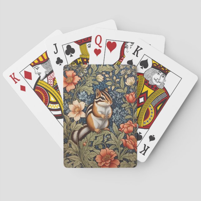 Cute Chipmunk William Morris Inspired Floral Playing Cards (Back)