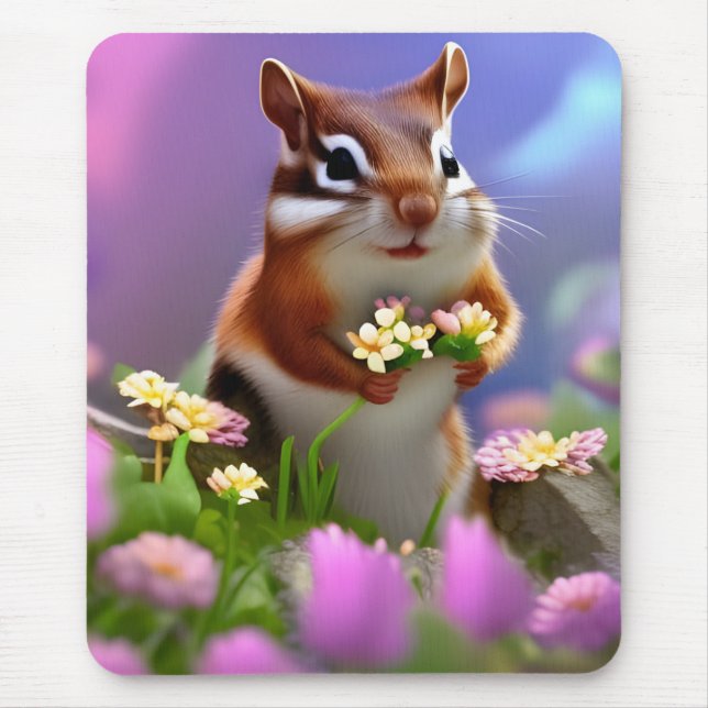 Cute Chipmunk with Flowers Mouse Pad (Front)