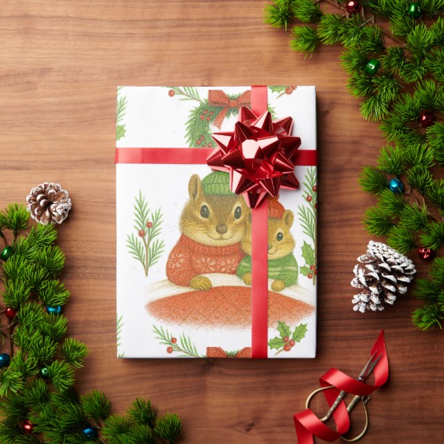 Cute Chipmunk with Pine Christmas Wrapping Paper (Holiday Gift)