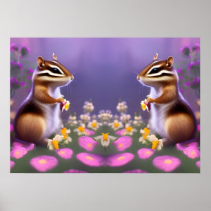 Cute Chipmunks in Flowers  Poster