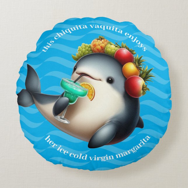 Cute Chiquita Vaquita Enjoying a Virgin Margarita Round Cushion (Front)