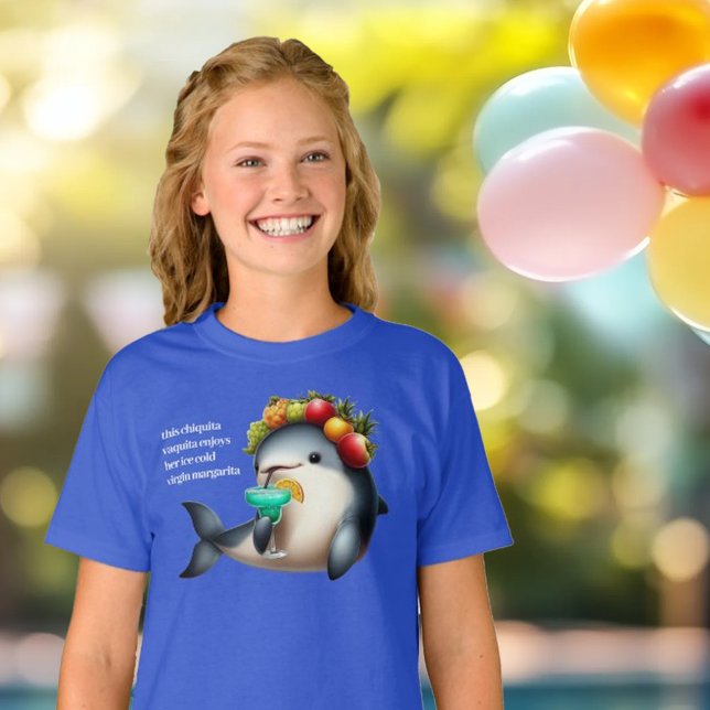 Cute Chiquita Vaquita Enjoying a Virgin Margarita T-Shirt (Vaquita Sipping Virgin Margarita Birthday or Summer Party Shirt Cover Photo)