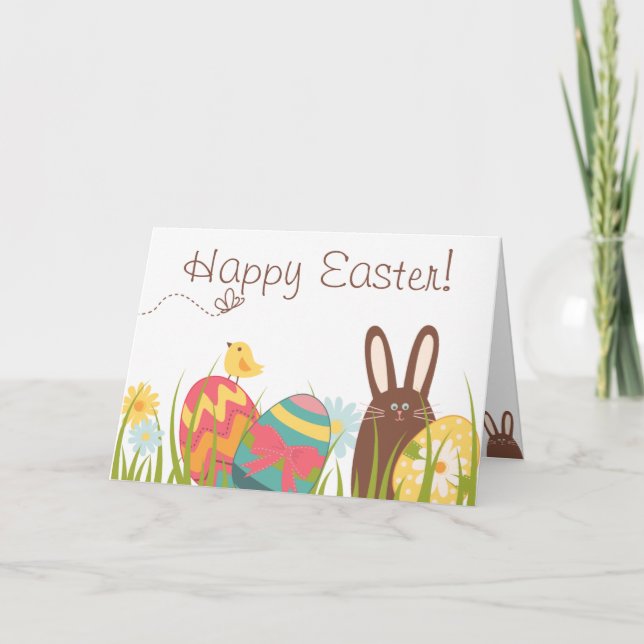 Cute Chocolate Bunny and Easter Eggs Happy Easter Holiday Card (Front)