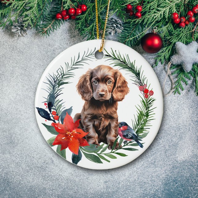 Cute Chocolate Cocker Spaniel Puppy Poinsettia Ceramic Tree Decoration (Creator Uploaded)