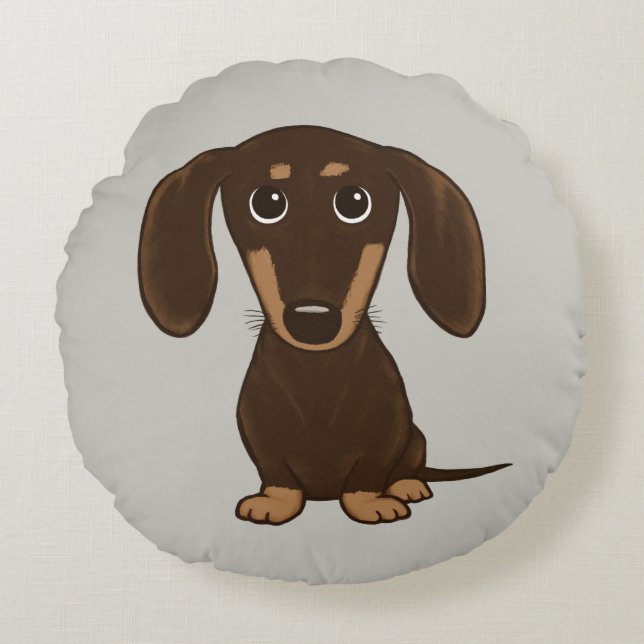 Cute Chocolate Dachshund | Cartoon Wiener Dog Round Cushion (Front)