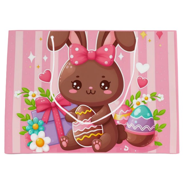 Cute chocolate Easter bunny with pink stripes Large Gift Bag (Front)