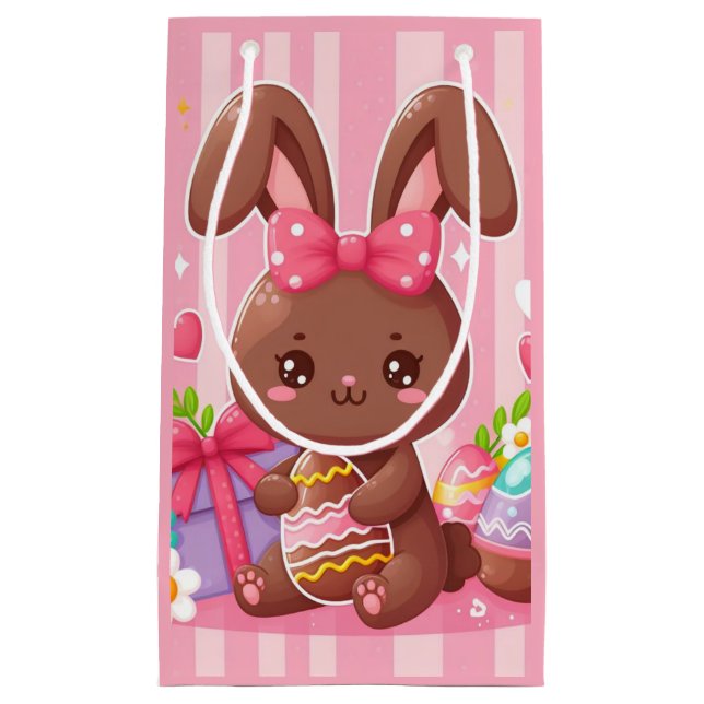 Cute chocolate Easter bunny with pink stripes Small Gift Bag (Front)