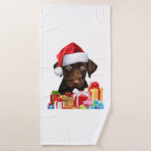 Cute Chocolate Lab Puppy Santa Hat Fun Image Chris Bath Towel