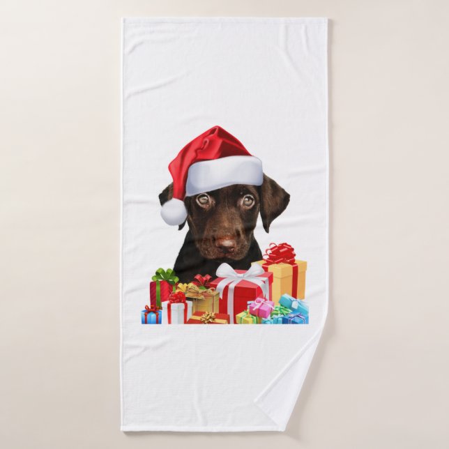 Cute Chocolate Lab Puppy Santa Hat Fun Image Chris Bath Towel (Bath Towel)