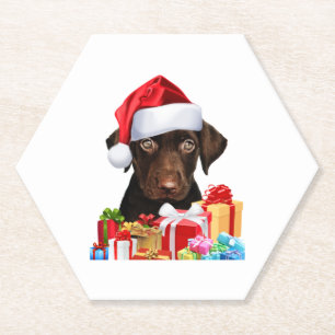 Cute Chocolate Lab Puppy Santa Hat Fun Image Chris Paper Coaster