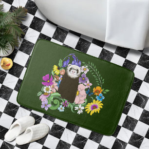 Cute Chocolate Sable Ferret Floral Green Bath Mat