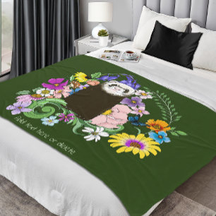 Cute Chocolate Sable Ferret Floral Green Fleece Blanket
