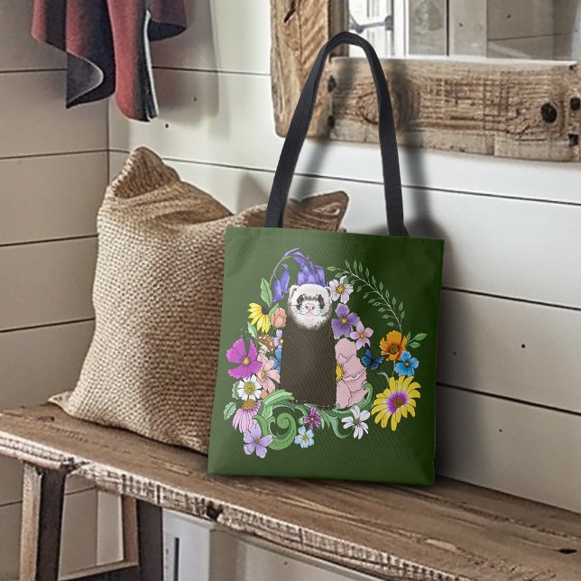 Cute Chocolate Sable Ferret Floral Green Tote Bag (Creator Uploaded)