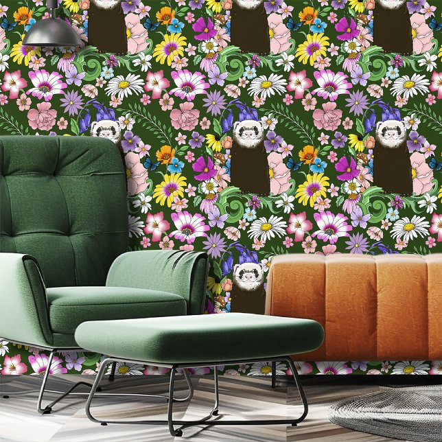 Cute Chocolate Sable Ferret Floral Green Wallpaper (Creator Uploaded)