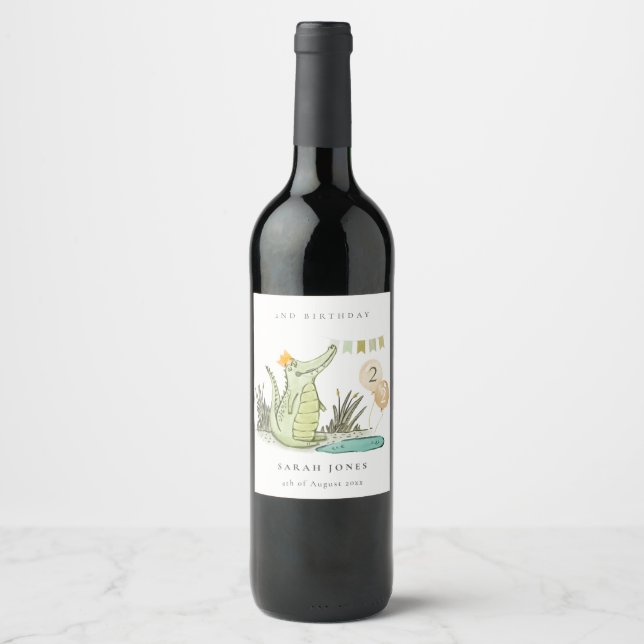 Cute Chomp Alligator in Swamp Any Age Birthday  Wine Label (Front)