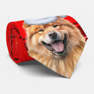 Cute Chow Chow Dog Red Plaid Christmas Holiday Tie