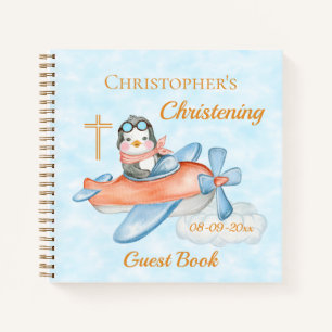 Cute Christening Baby Penguin Aeroplane Guest  Notebook