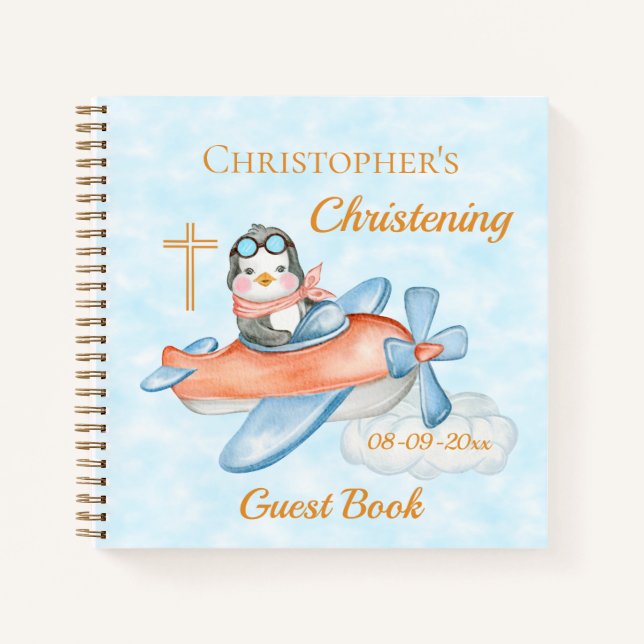 Cute Christening Baby Penguin Aeroplane Guest  Notebook (Front)