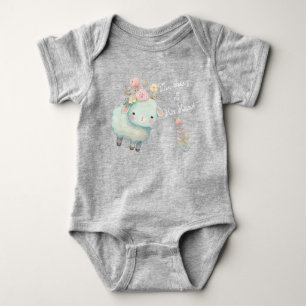 Cute Christian Blue Lamb Flowers Personal Name Baby Bodysuit
