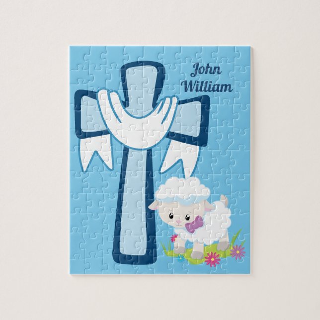 Cute Christian Little Boy Blue Lamb Cross Baptism Jigsaw Puzzle (Vertical)