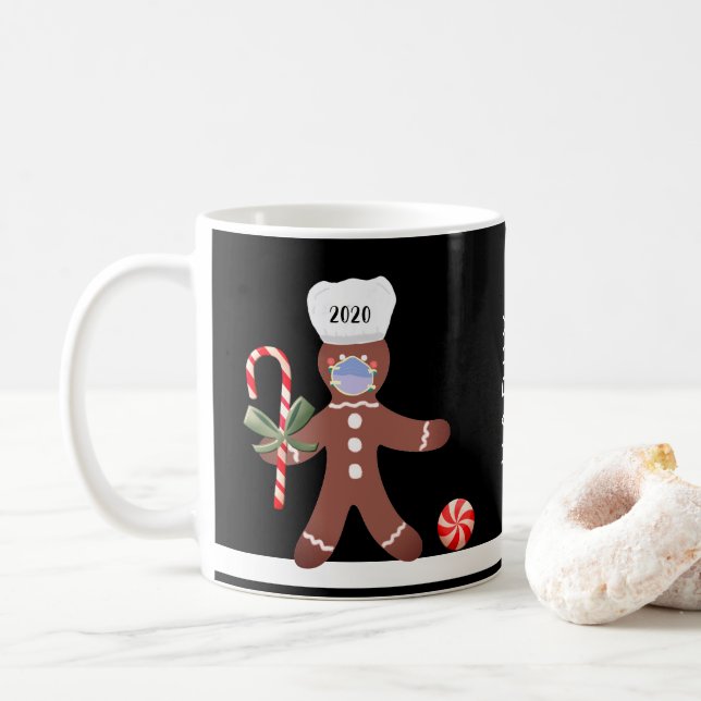 Cute Christmas 2020 Gingerbread Man In Face Mask Coffee Mug (With Donut)