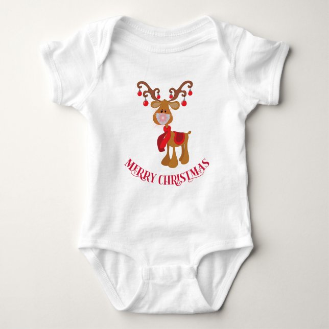Cute Christmas 2020 Reindeer Rudolph Face Mask Baby Bodysuit (Front)