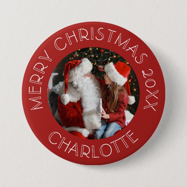 Cute Christmas 2025 Photo Santa Kids Name 7.5 Cm Round Badge (Front)