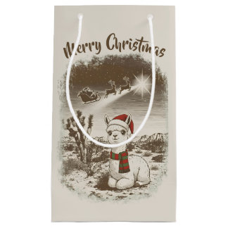 Cute Christmas Alpaca + Santa + Reindeer Sleigh -  Small Gift Bag
