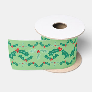 Cute Christmas Alpaca with Holly in Red & Green Satin Ribbon
