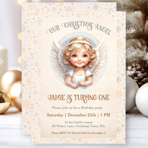 Cute Christmas Angel 1st Birthday Invitation