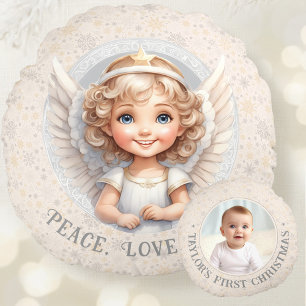 Cute Christmas Angel Photo Name Round Pillow
